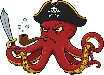 Angry cartoon octopus pirate with hat, sword and pipe, underwater sea creature character, marine animal vector illustration