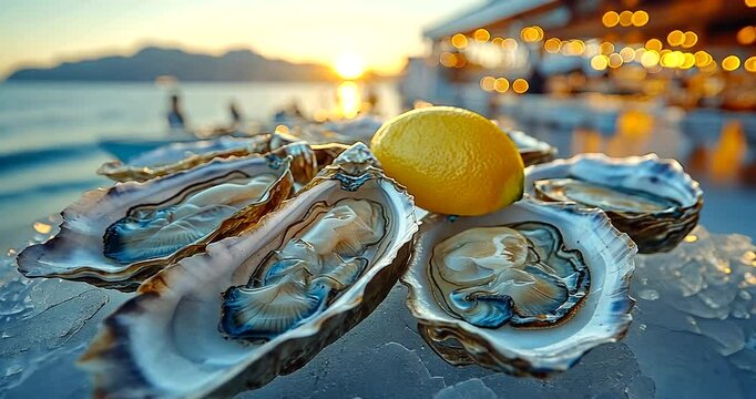 Fresh oysters served with lemon at sunset beach bar