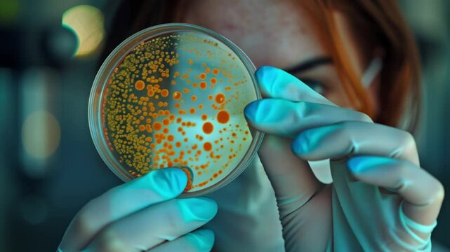 Female scientist in protective mask and gloves examining bacterial culture in petri dish in laboratory.