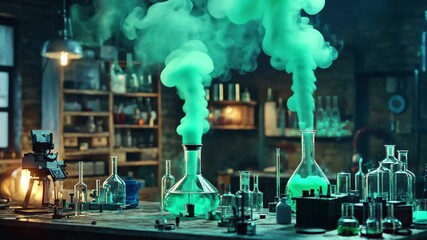 Mad scientist laboratory filled with green smoke and curious experiments during nighttime, Mad Scientist Laboratory With Green Smoke - Powered by Adobe