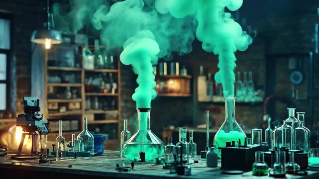 Mad scientist laboratory filled with green smoke and curious experiments during nighttime, Mad Scientist Laboratory With Green Smoke