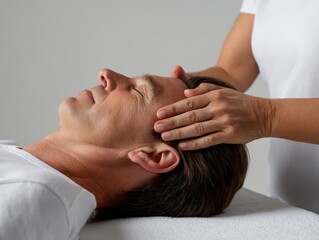 Relaxing Thai Massage Head and Neck Technique with Soothing Fingertip Pressing on Base of Skull Against Calming White Background - Photorealistic Image
