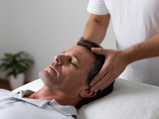 Tranquil Thai Massage Head and Neck Technique Closeup in Natural Light on White Background