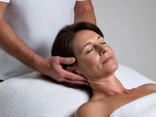 Tranquil Thai Massage Head and Neck Technique with Therapist's Fingertips - Calming White Background in Natural Light, Photorealistic Close Up