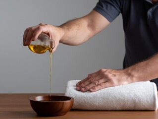 Serene Aromatherapy Massage Experience - Professional Therapist Pouring Warm Essential Oil on Client's Back in Soft Light Ambiance with Wooden Bowl and White Towel Background, Realistic Details