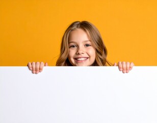 Fototapeta premium Smiling Girl Holding Blank White Board on Yellow Background