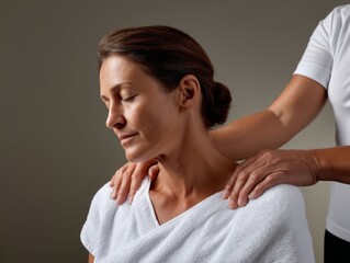 Therapeutic Warm Compress Applied to Neck Muscle for Pressure Point Therapy - Photorealistic Close-Up with Herbal Stained Cotton Wrap and Subtle Steam