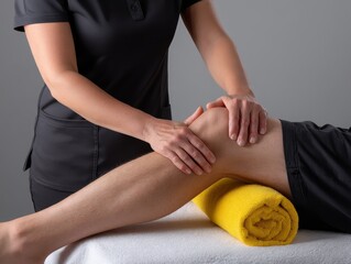 Professional Sports Massage Therapist Performing Quadriceps Stretch Therapy with Towel Support - Close-up Neutral Background