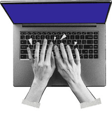 Hands on the keyboard. Modern collage with halftone hands and laptop.