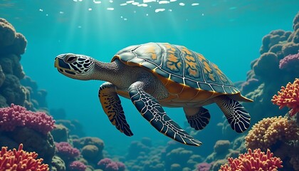 Fototapeta premium Majestic Sea Turtle in Coral Reef Underwater Scene