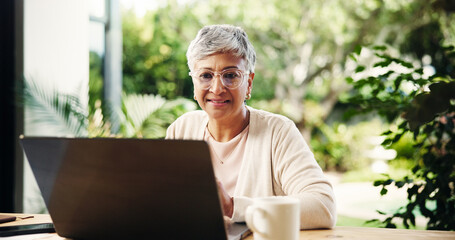 Naklejka na ściany i meble Senior woman, laptop and smile at house of finance report, loan application and review budget. Elderly person, reading and PC of mortgage payment, expenses information and balance account in backyard