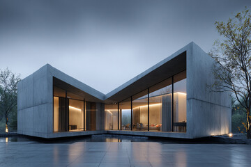 Modern concrete house in a foggy forest, minimal brutalist lines, misty atmosphere