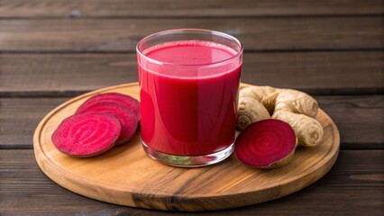 Vegan diet for cholesterol concept. Fresh beetroot juice with slices on a wooden board.