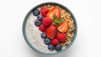 Vegan diet for cholesterol concept. Fresh smoothie bowl topped with berries and granola.