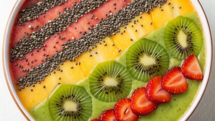 Vegan diet for cholesterol concept. Colorful smoothie bowl topped with fresh fruits and seeds.