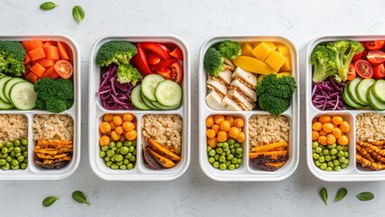 Vegan diet for cholesterol concept. Healthy meal prep with colorful vegetables and grains in containers.