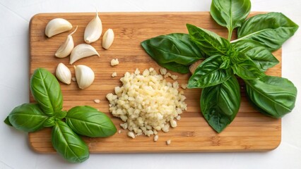 Vegan diet for cholesterol concept. Fresh basil and garlic on a wooden cutting board.