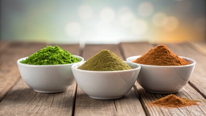 Vegan diet for cholesterol concept. Bowls of colorful spices arranged on a wooden surface.