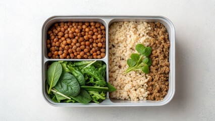 Vegan diet for cholesterol concept. Healthy meal prep with lentils, quinoa, and fresh greens.