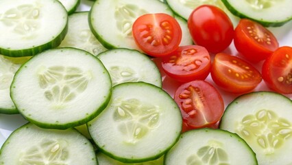 Vegan diet for cholesterol concept. Fresh cucumber and cherry tomato slices arranged on a white background.