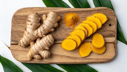 Vegan diet for cholesterol concept. Fresh turmeric roots and slices on a wooden board with green leaves.