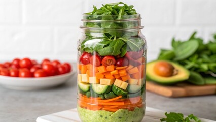 Vegan diet for cholesterol concept. Colorful salad in a jar with fresh vegetables and greens.