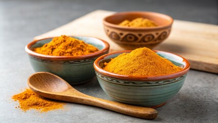 Vegan diet for cholesterol concept. Bowls of colorful spices with a wooden spoon on a kitchen countertop.