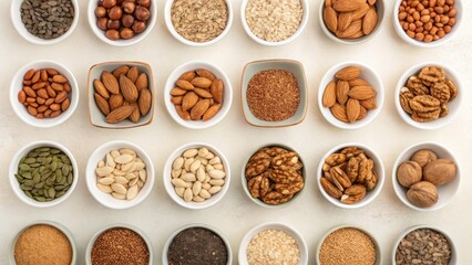 Vegan diet for cholesterol concept. A variety of seeds and nuts arranged in bowls on a neutral surface.