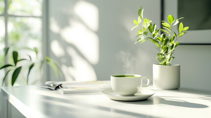 The Art of Charming Matcha Preparation on a Clean White Desk 