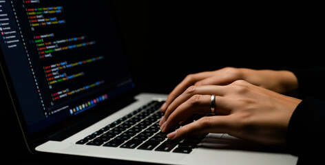 Software coding scene with visible hands on keyboard and screen full of code, representing engineering, development, and logic execution
