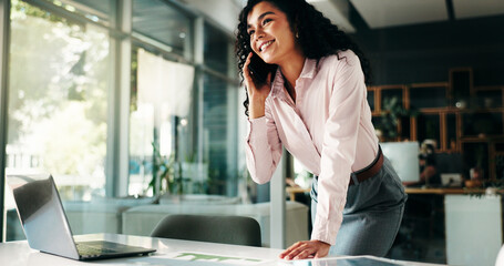 Smile, phone call and woman with documents, charts and communication for audit schedule. Profit growth, employee or financial advisor in office, cellphone or options for budget report or stock market