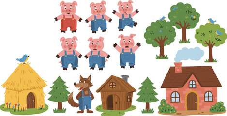 Three little pigs story set, cartoon pig characters, big bad wolf, fairy tale houses, vector forest illustration, children's book elements