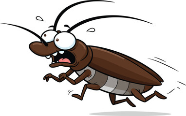 Funny cartoon cockroach running scared, vector insect character, bug illustration, pest control design, terrified cockroach clipart, humorous creepy bug image