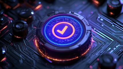 Circular, glowing checkmark icon on a circuit board.  Techy, futuristic