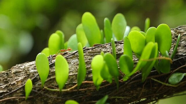 Weaver ants (Kerengga) or green ants move on tree trunks covered with known as 'pokok duit-duit' or
Pyrrosia piloselloides
