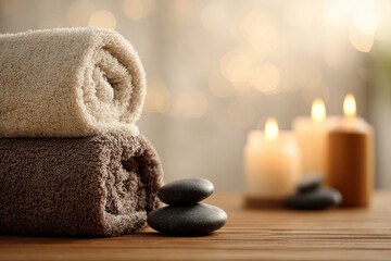 Spa scene with towels, candles, and massage stones, lower right focus