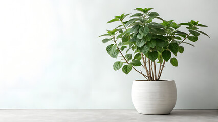 Fototapeta premium Elegant Dogwood Plant in White Pot Against a Light Background
