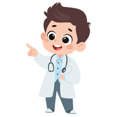 Cute baby boy in doctor costume pointing finger. Flat vector illustration in simple child style on white background. Vector illustration