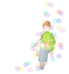 猫と一緒にリラックスして本を読む女性の水彩画　水玉背景
