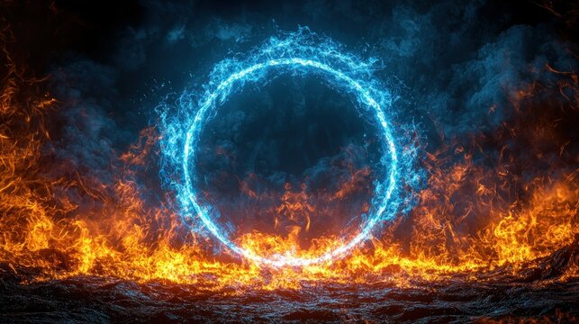 Circular light ring framed by fire and smoke