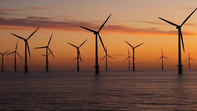 Offshore wind turbines at sunset