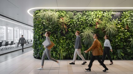Obraz premium Employees walking past a lush green wall, symbolizing a sustainable workplace focused on wellness and well-being.