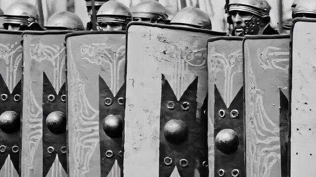 Roman soldiers hold shields in tight formation. Historical warriors ready for battle. Knight armor pattern across shields. Soldiers prepare defense in fantasy scene. Roman defense stance shows unity.