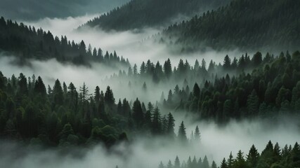 Misty mountain forest landscape with dense evergreen trees and rolling fog drifting through the valleys, creating a serene, mysterious atmosphere in a remote wilderness at dawn or dusk - Powered by Adobe