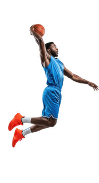 Dynamic basketball player in mid-air action shot with transparent background showing athleticism and intensity