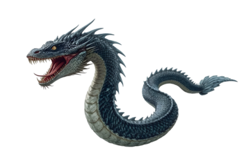 Mythical serpentine creature, dark scales, open mouth