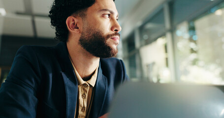 Thinking, laptop and businessman in office for planning, solution and problem solving for...