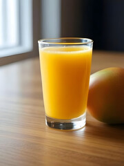 Zesty Mango Delight: A vibrant glass of freshly squeezed mango juice alongside a ripe mango on a wooden table, creating a scene of refreshing simplicity and natural goodness.