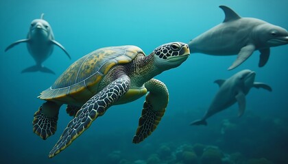 Serene Sea Turtle and Dolphins Underwater