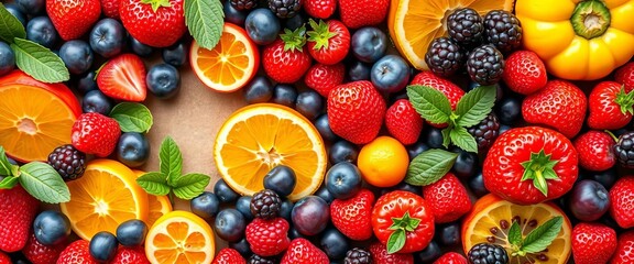 Obraz premium Vibrant frame of assorted fresh fruits & berries, showcasing a healthy vitamin-rich mix, layout, spring